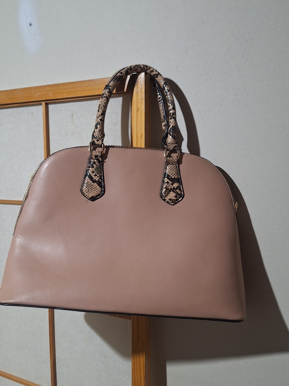 Taupe Dome Satchel Handbag with Snake-Print Handles